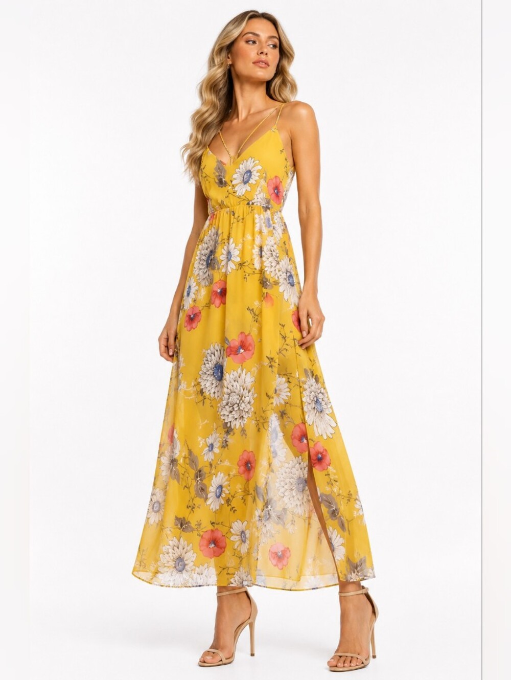 Sienna Sky Yellow Floral Sundress Small, Crisscross Back, Strappy Summer Dress